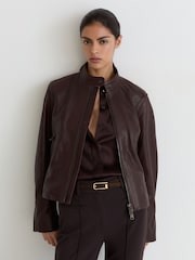 Reiss Burgundy Red Erin Leather Biker Jacket - Image 3 of 7