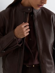 Reiss Burgundy Red Erin Leather Biker Jacket - Image 6 of 7