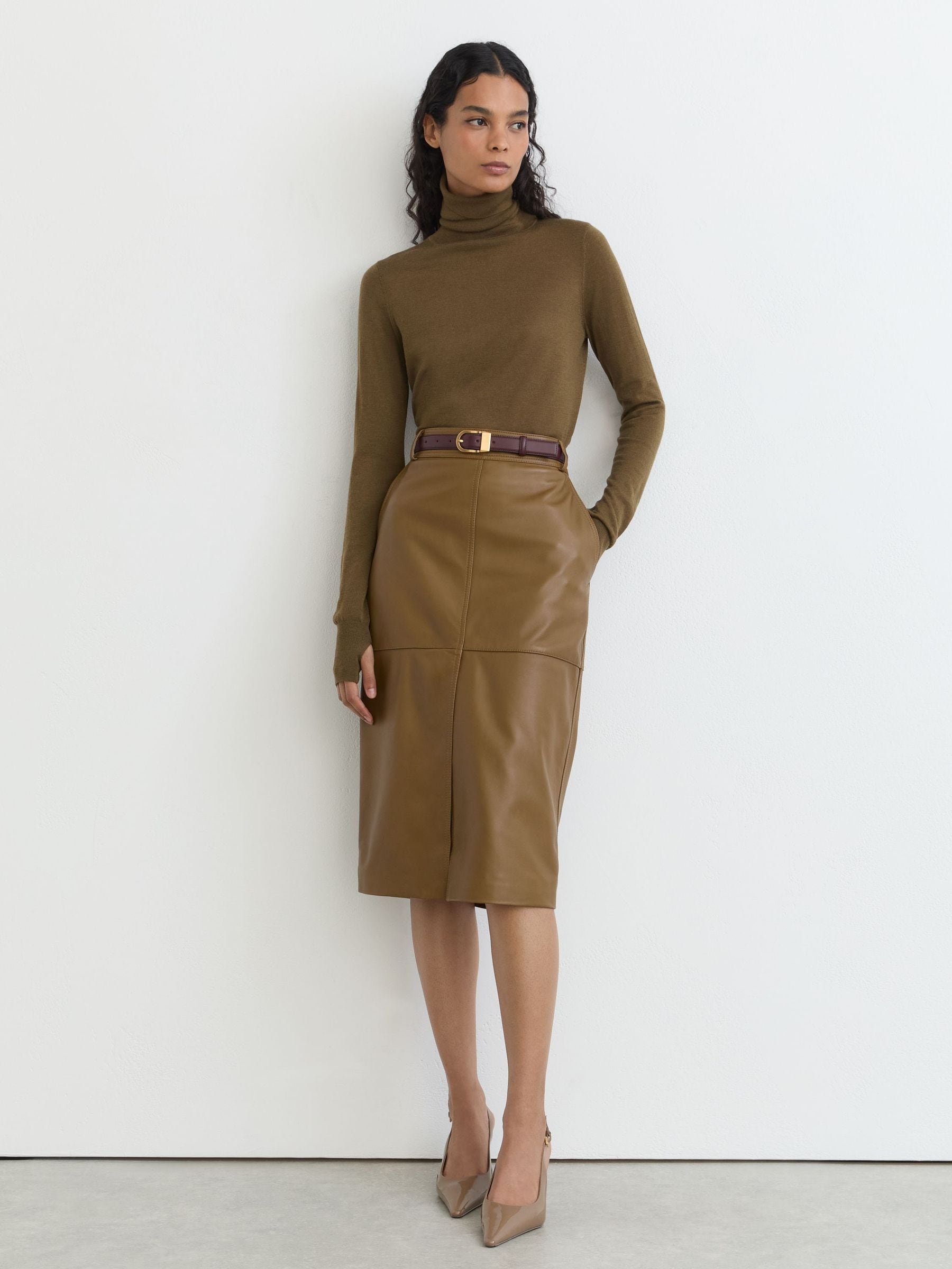 Buy Reiss Khaki Green Milly Petite Leather Midi Pencil Skirt from