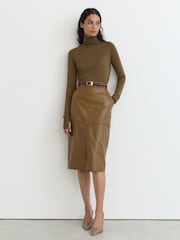 Reiss Khaki Green Milly Petite Leather Midi Pencil Skirt - Image 1 of 8