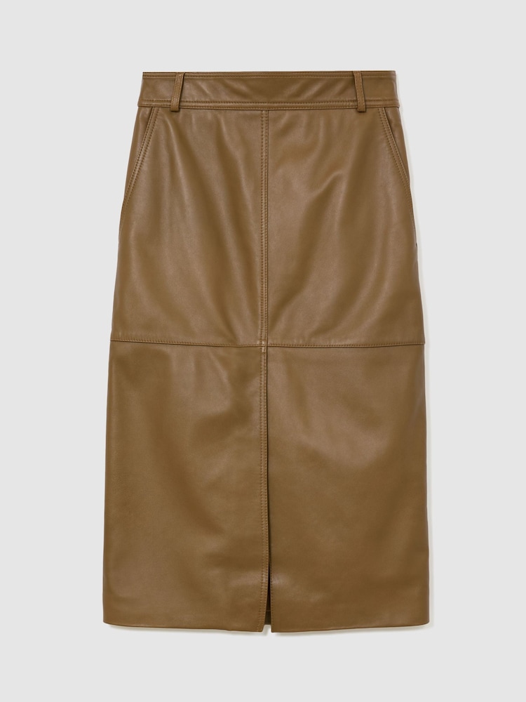 Reiss Khaki Green Milly Petite Leather Midi Pencil Skirt - Image 2 of 8 Reiss Khaki Green Milly Petite Leather Midi Pencil Skirt - Image 2 of 8