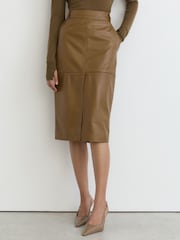 Reiss Khaki Green Milly Petite Leather Midi Pencil Skirt - Image 3 of 8