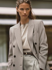 Reiss Taupe Neutral Aubrey Wool-Blend Textured Double-Breasted Blazer - Image 1 of 9