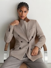 Reiss Taupe Neutral Aubrey Wool-Blend Textured Double-Breasted Blazer - Image 5 of 9