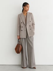 Reiss Taupe Neutral Aubrey Wool-Blend Textured Double-Breasted Blazer - Image 8 of 9