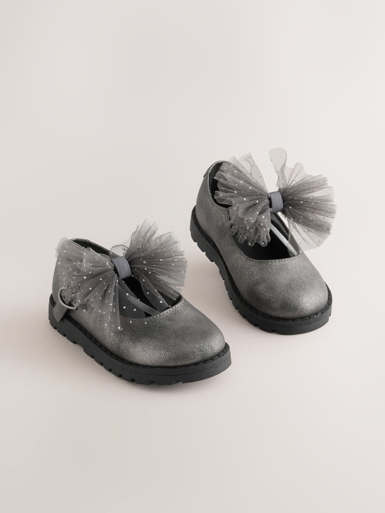 Pewter Silver Shimmer Standard Fit (F) Chunky Bow Mary Jane Shoes - Image 1 of 5