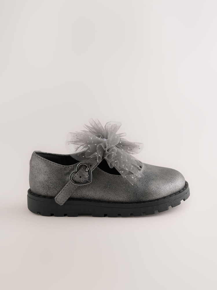 Pewter Silver Shimmer Standard Fit (F) Chunky Bow Mary Jane Shoes - Image 2 of 5