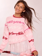 Lipsy Pink Matching Family Script Christmas Jumper (5-14yrs) - Image 1 of 5