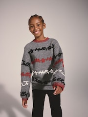 Lipsy Grey Matching Family Script Christmas Jumper (5-14yrs) - Image 1 of 5
