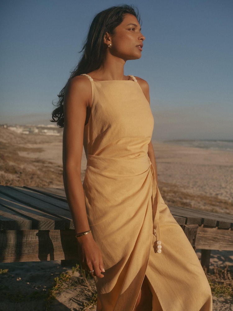 chinese dress ladies Yellow Midi Linen Wrap Dress for Women C225101 Yellow / M/L