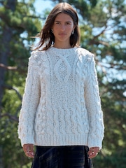 Ecru Cable Hand Knit Crew Neck Jumper - Image 2 of 7