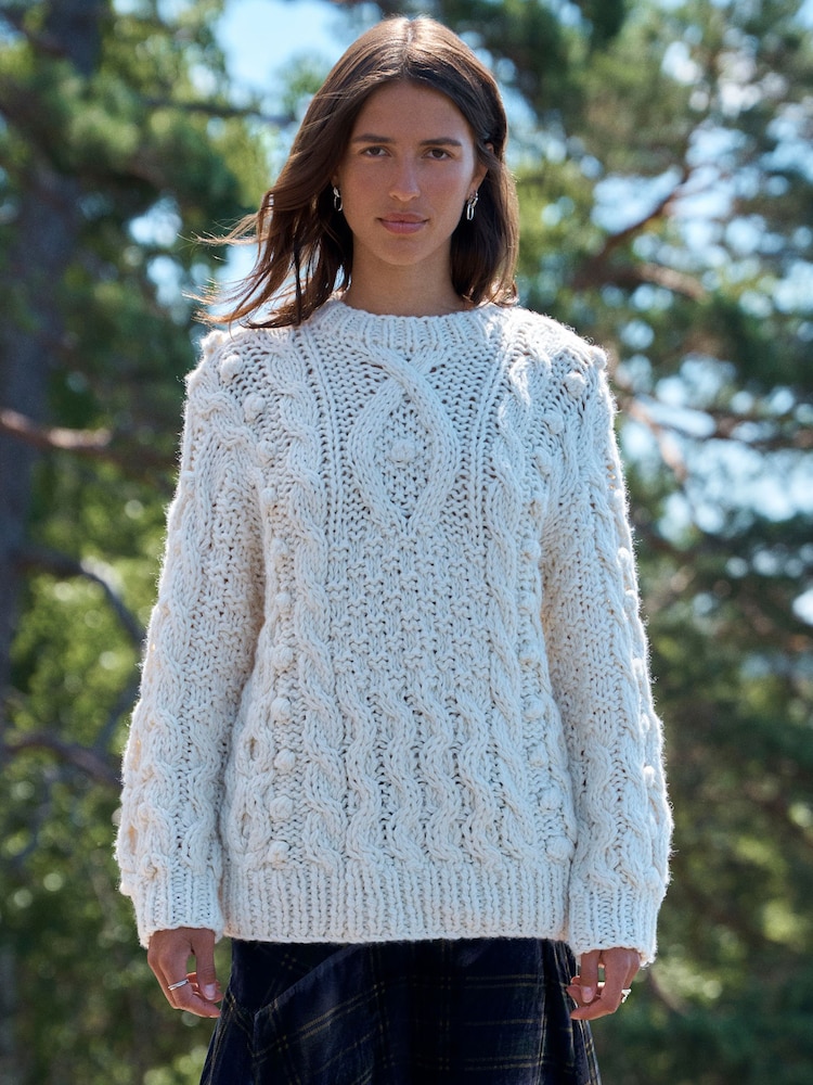 Ecru Cable Hand Knit Crew Neck Jumper - Image 2 of 7 Ecru Cable Hand Knit Crew Neck Jumper - Image 2 of 7