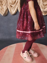 Burgundy Floral Embroidered Collar Puff Sleeve Occasion Dress (3mths-8yrs) - Image 10 of 15