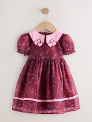 Burgundy Floral Embroidered Collar Puff Sleeve Occasion Dress (3mths-8yrs) - Image 12 of 15