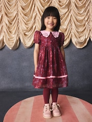 Burgundy Floral Embroidered Collar Puff Sleeve Occasion Dress (3mths-8yrs) - Image 2 of 15