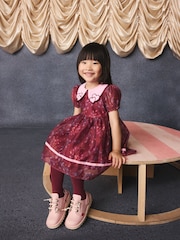 Burgundy Floral Embroidered Collar Puff Sleeve Occasion Dress (3mths-8yrs) - Image 5 of 15