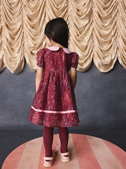 Burgundy Floral Embroidered Collar Puff Sleeve Occasion Dress (3mths-8yrs) - Image 8 of 15