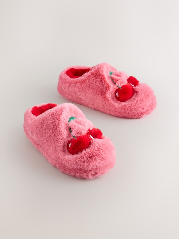 Pink Cherry Faux Fur Mule Slippers - Image 1 of 5