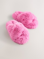Bright Pink Faux Fur Slipper Mules - Image 1 of 5