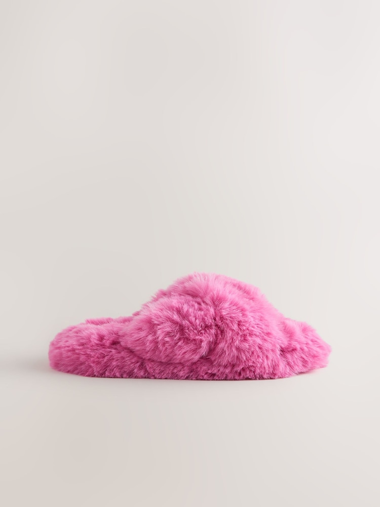 Bright Pink Faux Fur Slipper Mules - Image 2 of 5 Bright Pink Faux Fur Slipper Mules - Image 2 of 5