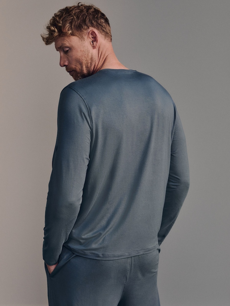 Belstaff Blue Lounge Soft Touch Modal Long Sleeve Henley T-Shirt - Image 2 of 4 Belstaff Blue Lounge Soft Touch Modal Long Sleeve Henley T-Shirt - Image 2 of 4