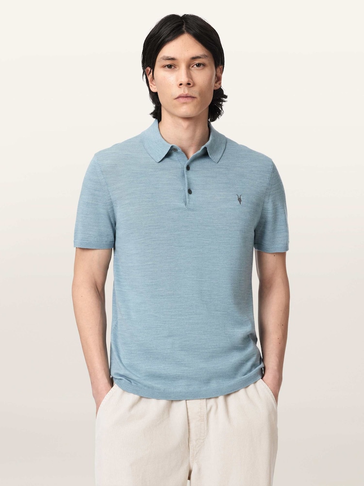 AllSaints Blue Mode Merino Short Sleeve Polo Shirt - Image 1 of 6