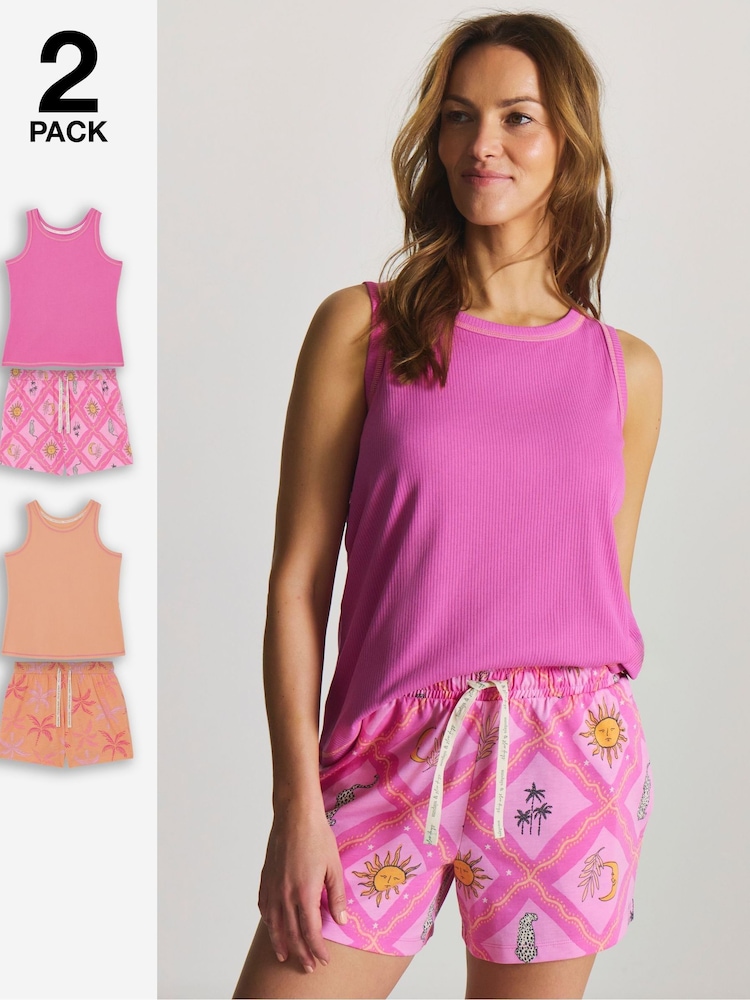 Simply Be Pink Ribbed Short Pyjamas Set 2 Pack - Image 1 of 4