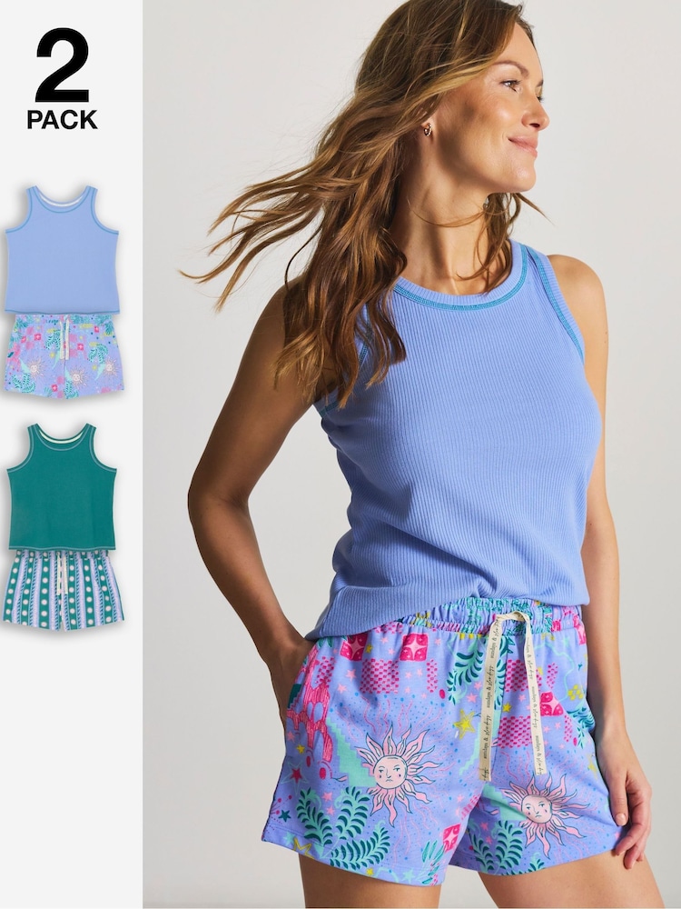 Simply Be Blue Pretty Secrets Ribbed Pyjamas 2 Pack - Image 1 of 4