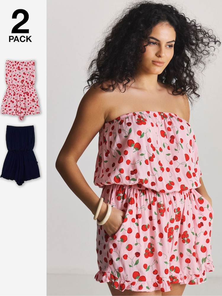 Simply Be Pink Cherry Print Beach Playsuits 2 Pack - Image 1 of 5 Simply Be Pink Cherry Print Beach Playsuits 2 Pack - Image 1 of 5