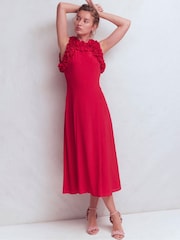 Boden Red Ruffle Silk Midi Dress - Image 4 of 5