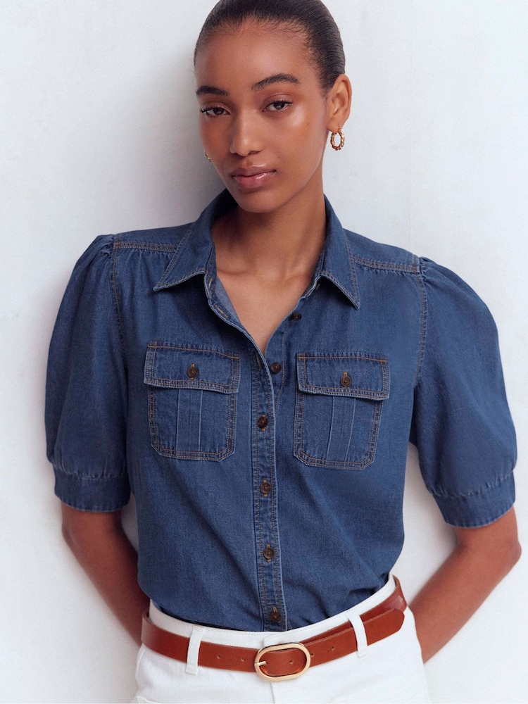 Boden Blue Short Sleeve Denim Top - Image 1 of 7 Boden Blue Short Sleeve Denim Top - Image 1 of 7