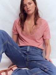 Boden Pink Tara Lace Trim Linen T-Shirt - Image 1 of 4