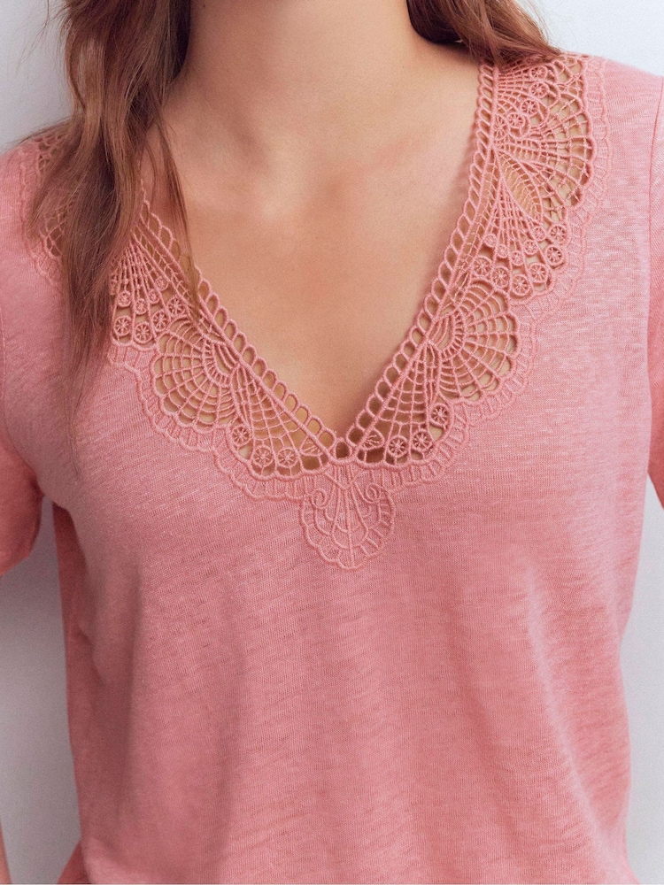 Boden Pink Tara Lace Trim Linen T-Shirt - Image 2 of 4
