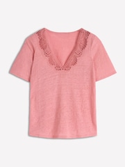 Boden Pink Tara Lace Trim Linen T-Shirt - Image 4 of 4