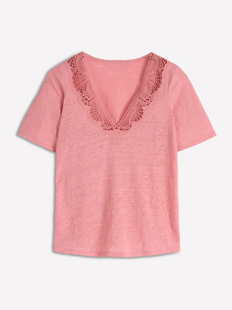 Boden Pink Tara Lace Trim Linen T-Shirt - Image 4 of 4