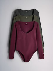 The Set 3 Pack Seam Picot Trim Bodysuit Burgundy Red/Khaki Green/Brown - Image 1 of 9