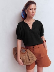 Boden Black Yoke Collar Linen Top - Image 1 of 5