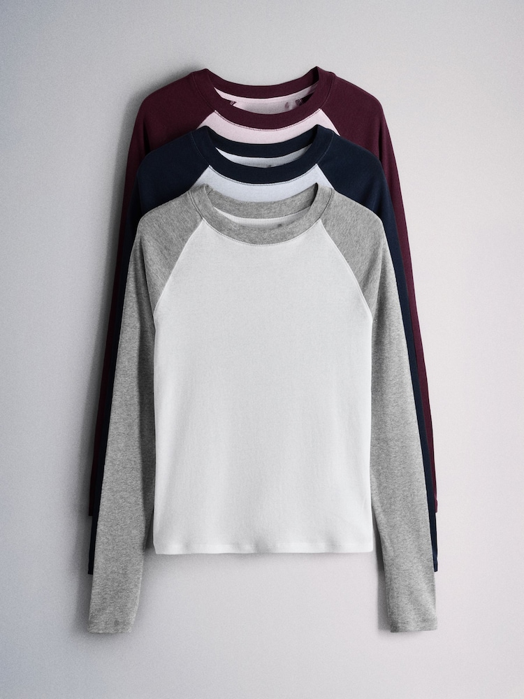 The Set 3 Pack Raglan Baseball Semi Sheer T-Shirts Navy Blue/Burgundy/Grey - Image 1 of 14