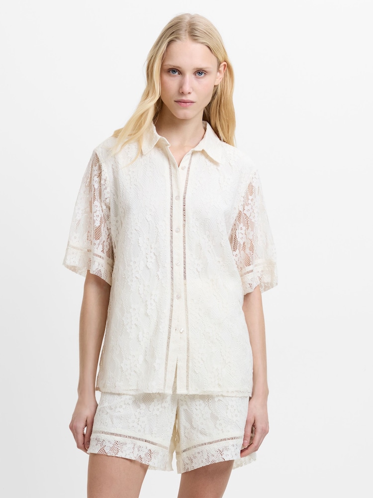 French Connection White Zoe Lace Button Through Shirt - Image 1 of 6 French Connection White Zoe Lace Button Through Shirt - Image 1 of 6