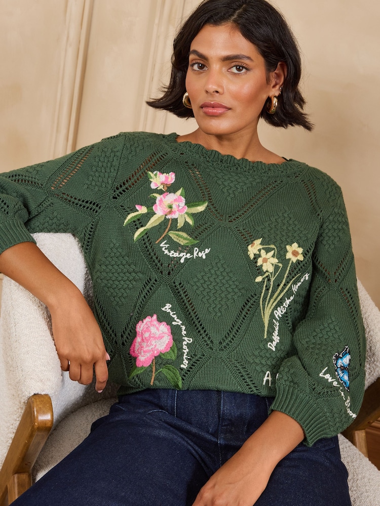Love & Roses X RHS Forest Green Cotton Rich Floral Detail Slash Neck Knitted Jumper - Image 1 of 5