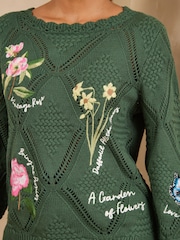 Love & Roses X RHS Forest Green Cotton Rich Floral Detail Slash Neck Knitted Jumper - Image 2 of 5