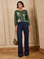 Love & Roses X RHS Forest Green Cotton Rich Floral Detail Slash Neck Knitted Jumper - Image 3 of 5