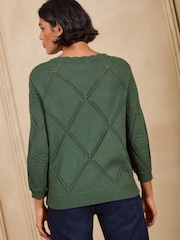 Love & Roses X RHS Forest Green Cotton Rich Floral Detail Slash Neck Knitted Jumper - Image 5 of 5