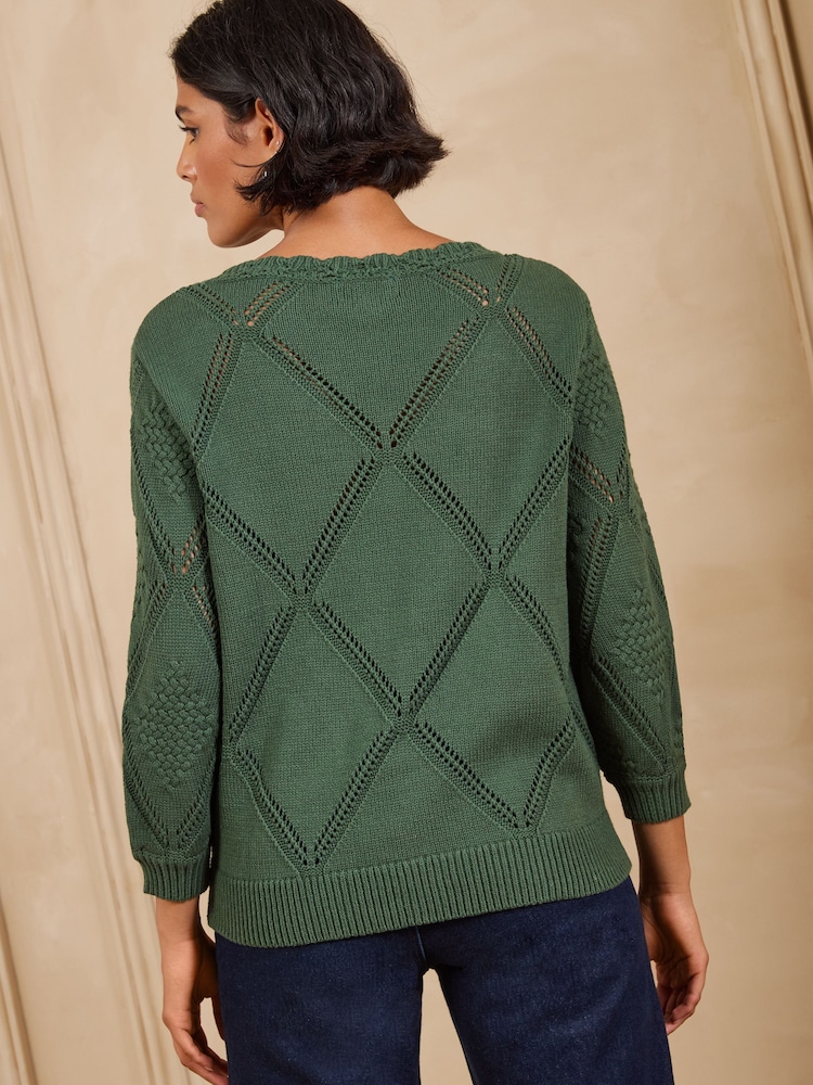 Love & Roses X RHS Forest Green Cotton Rich Floral Detail Slash Neck Knitted Jumper - Image 5 of 5