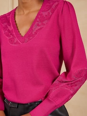Love & Roses Pink Lace Detail V-Neck Knitted Jumper - Image 2 of 5