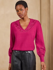 Love & Roses Pink Lace Detail V-Neck Knitted Jumper - Image 4 of 5