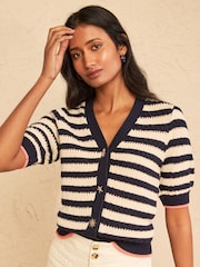 Love & Roses Dark Blue And Ivory Striped Cotton Rich Knitted Cardigan With Starfish Button Detail - Image 1 of 4