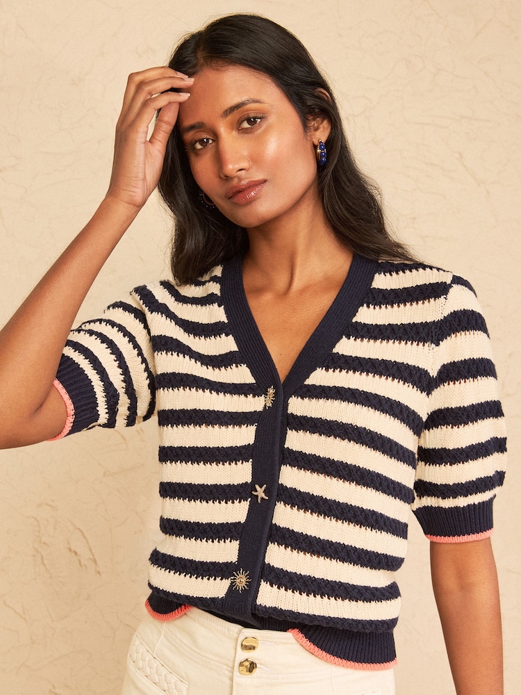 Love & Roses Dark Blue And Ivory Striped Cotton Rich Knitted Cardigan With Starfish Button Detail - Image 1 of 4