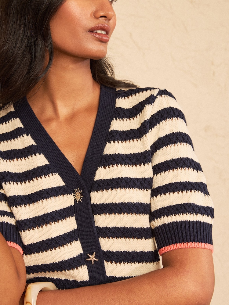 Love & Roses Dark Blue And Ivory Striped Cotton Rich Knitted Cardigan With Starfish Button Detail - Image 2 of 4
