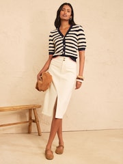 Love & Roses Dark Blue And Ivory Striped Cotton Rich Knitted Cardigan With Starfish Button Detail - Image 3 of 4